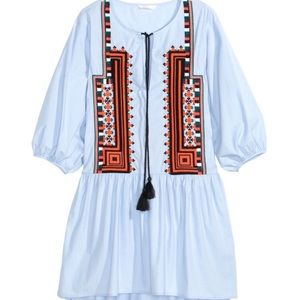 H&M Blue Embroidered Tunic Dress with Tassel Tie